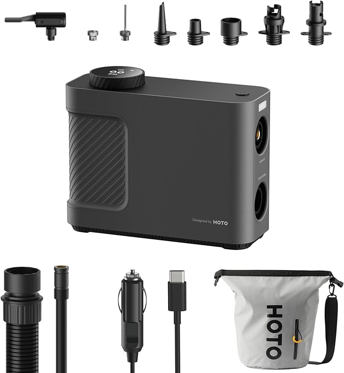 HOTO Air Pump Master, Portable Cordless Tire Inflator, Electric Air Pump with 9 Pump Modes, 12V DC Car Connector for Car, ...