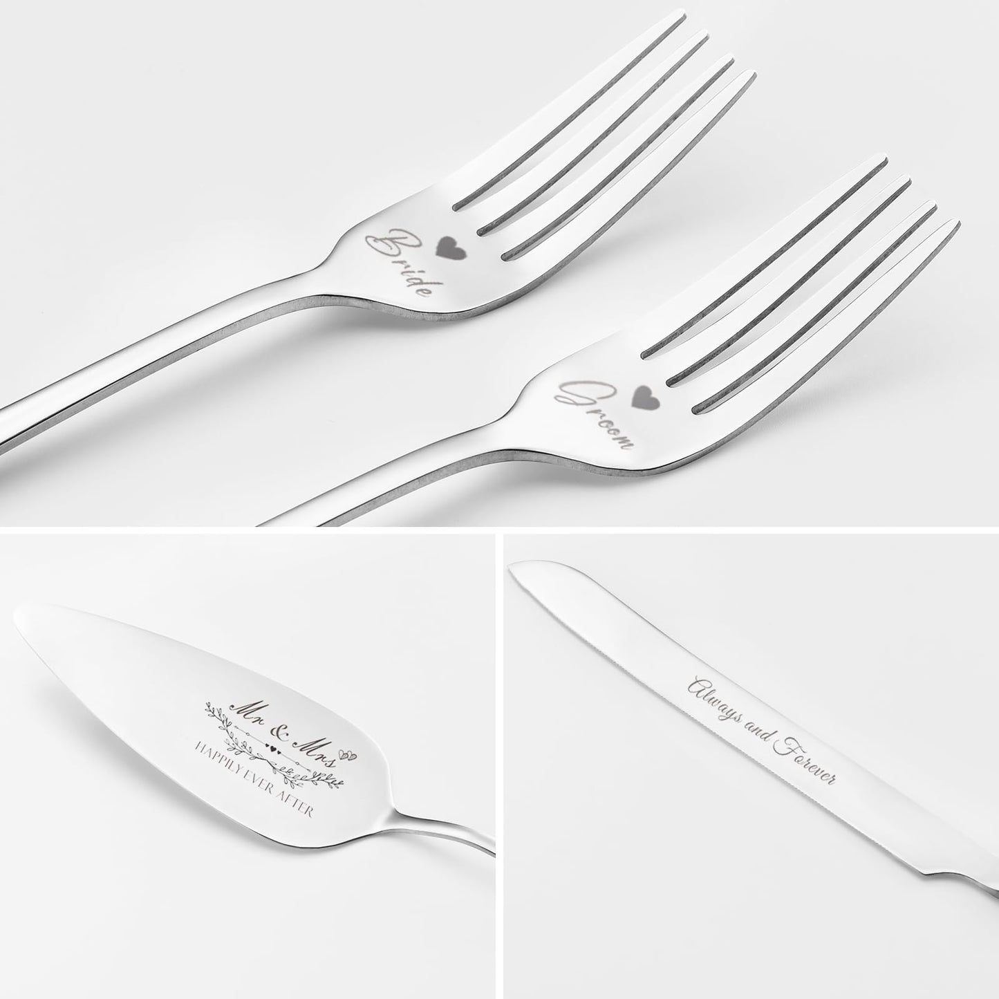 Wedding Cake Knife and Server Set, Silver Cake Cutting Set for Wedding, 4 Pieces Set with Forks for Engagements, Anniversaries, Bride and Groom