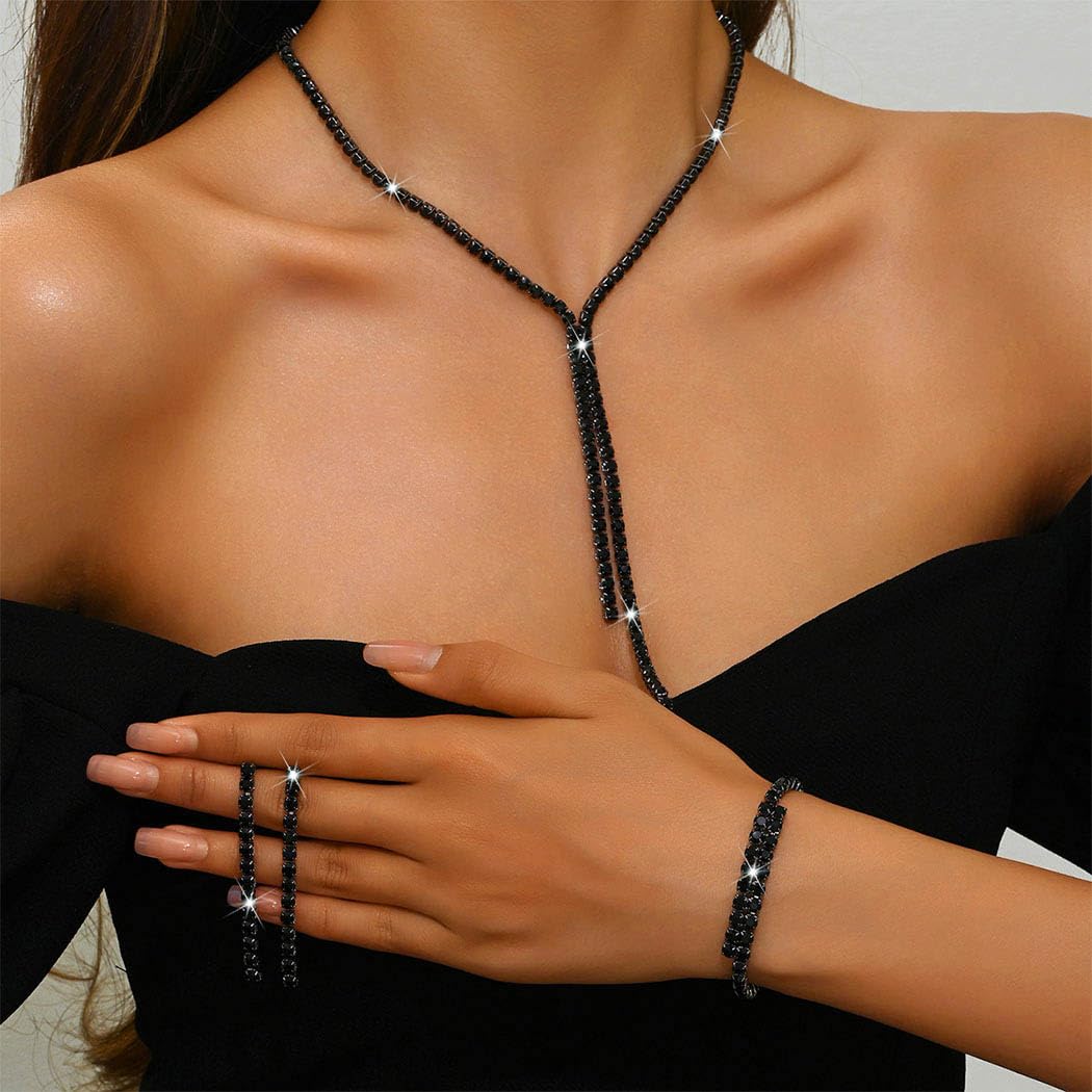 Unicra Black Bridal Wedding Jewelry Sets Rhinestone Necklace Earrings Bracelet Set Prom Formal Costume Jewelry Sets for Women an