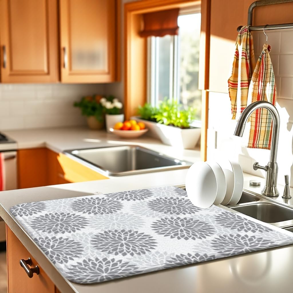 Boho Floral Spring Small Dish Drying Mat for Kitchen Counter 16''x18''Microfiber Absorbent - Foldable, Quick-Dry, Non-Slip, Compact Kitchen Drying Pad for Dishes, Countertops, and Cookware