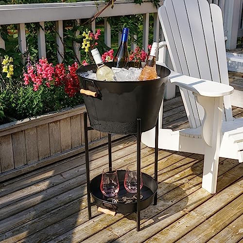 Twine Black Beverage Tub with Collapsible Stand, Large Metal Bucket and Tray, Ice Drink Buckets with Acacia Wood Handles f...