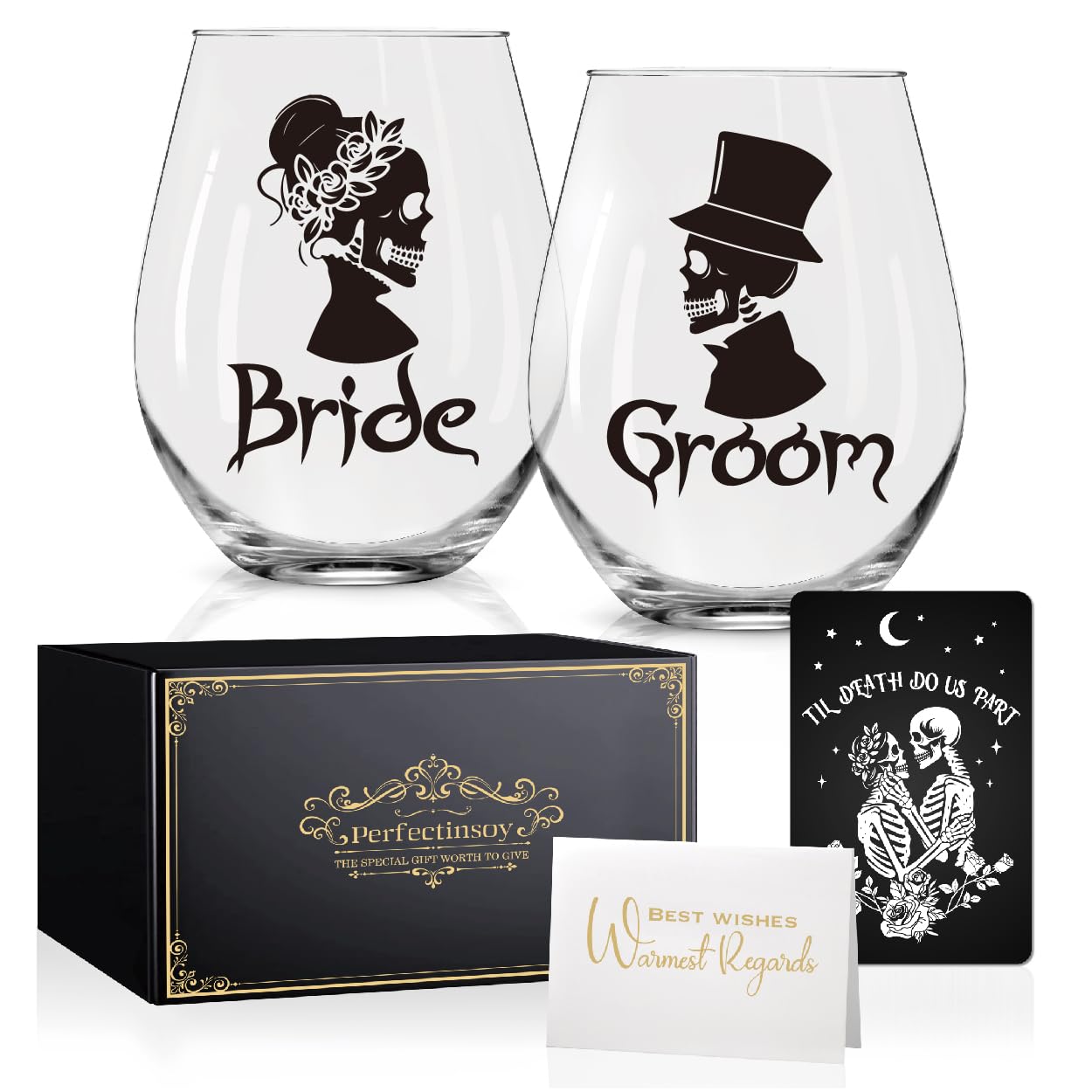 Perfectinsoy Skull Wine Glass 2 Piece with Gift Box, Zombie Design, Valentine's Day Autumn Halloween, Anniversary Wedding Gifts, Couple Gifts for Boyfriend and Girlfriend. (Bride Groom Set of 2)