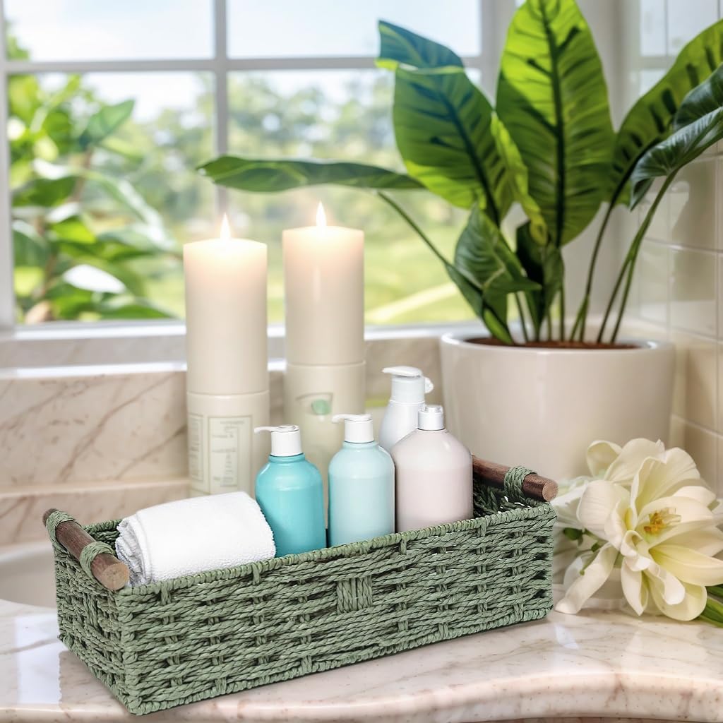 Rattanzenith Green Paper Rope Storage Basket with Wooden Handle – Handwoven Wicker Organizer Bin for Bathroom Toilet Tank Countertop Small Decorative Storage for Toilet Paper Cosmetics