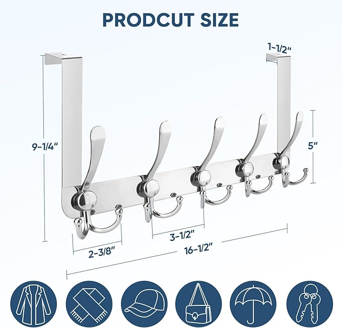 TICONN Over The Door Hooks, 5 Heavy Duty Tri Coat Rack All Metal Coat Hanger for Bathroom Bedroom Dorm (Chrome, 1PK, Fit 1-3/8" Doors)
