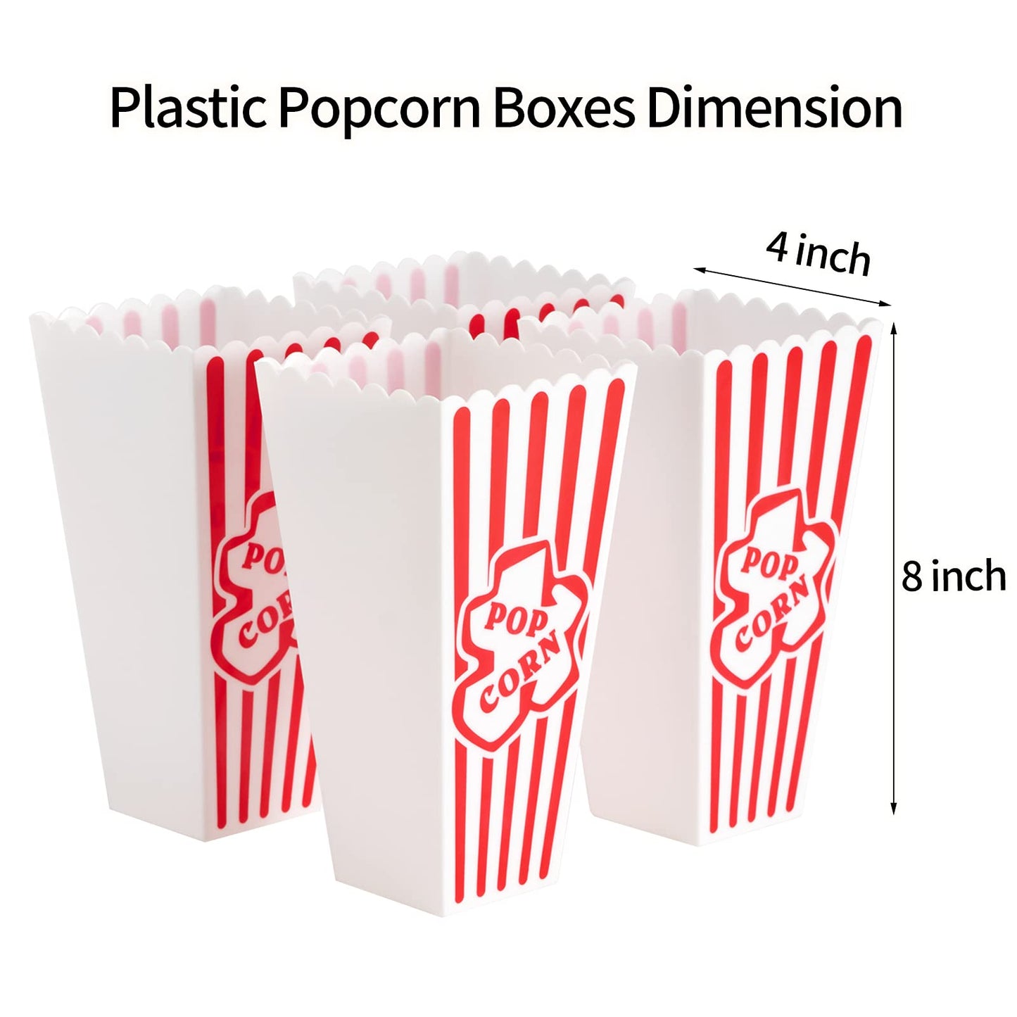 RAYMEA Plastic Popcorn Containers Red & White Striped Retro Style Reusable Popcorn Boxes for Movie Night 4”x8” (4 Pack)