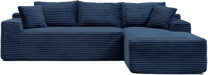 108" Cloud Sectional Couch,Modern Modular Sectional Sofa with Deep Seat,Corduroy Boneless Couches with L-Shape Chaise for Living Room,No Assembly Required (Blue, Right Facing Chaise)
