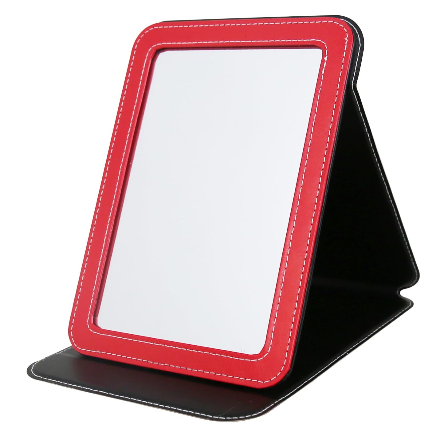 PDOZV Travel Mirror for Desk, 6.5  8.9    Adjustable Rectangle PU Edge Covering Red Foldable Desk Mirror with Stand for Travel C