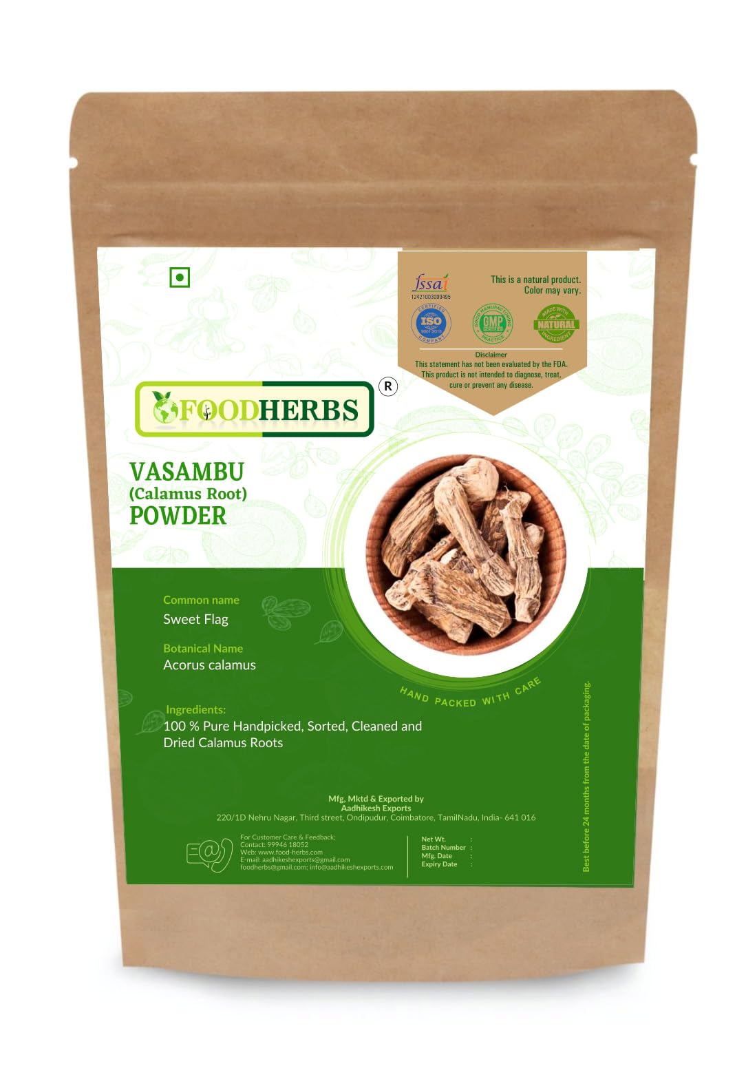 FOODHERBS Vacha Powder | Sweet Flag | Vasambu | Acorus Calamus Root Powder | 200 Gm / 0.44 Lbs | Helps With Dandruff, Lice, Hair