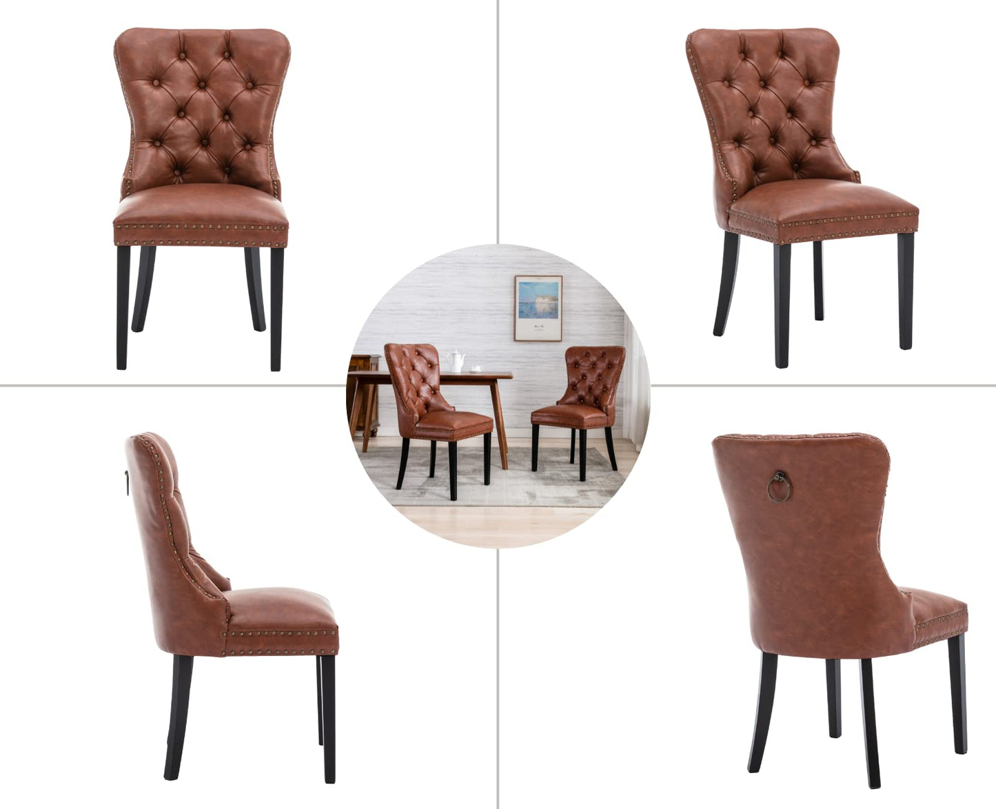 EALSON Modern Dining Chairs Set of 2 Mid Century Leather Dining Room Chairs with Wood Legs Tufted Upholstered Kitchen Side Chairs with Nail Head Trim for Dining Room/Living Room, Brown with Ring