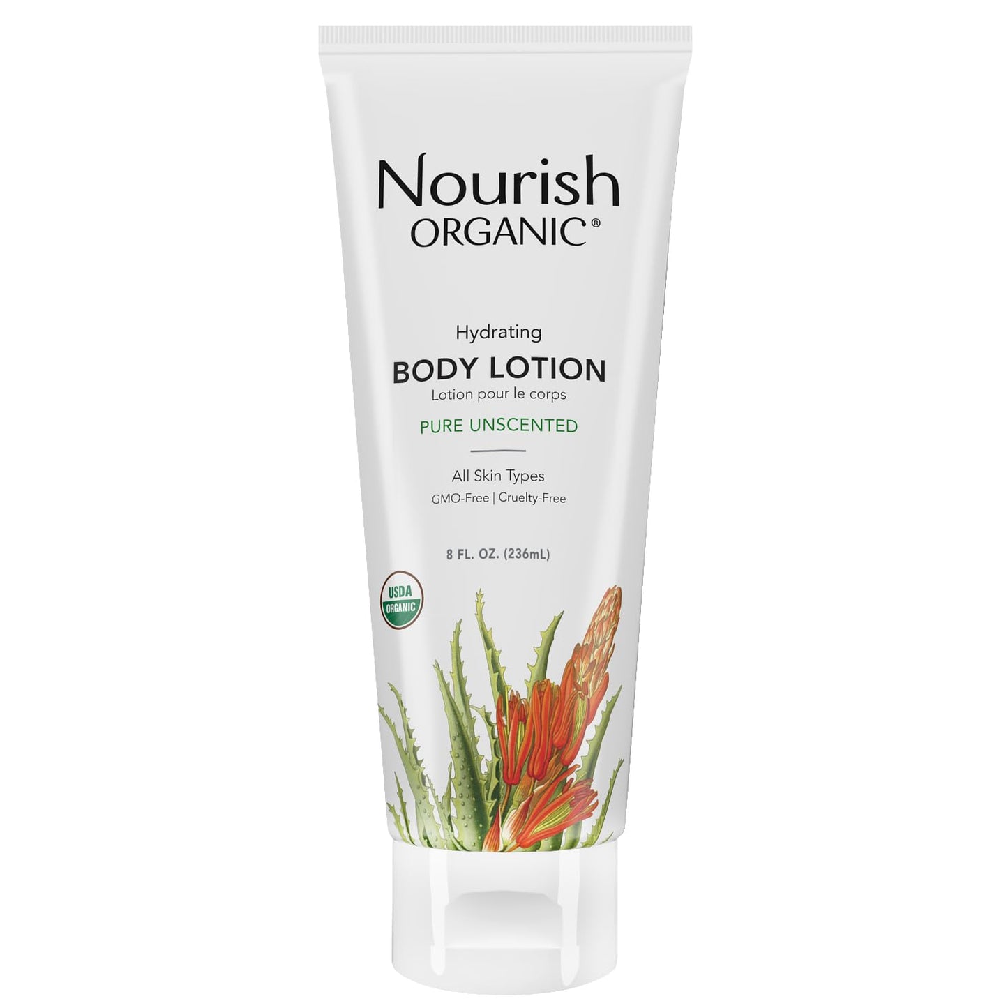 Nourish Organic Body Lotion, Unscented - Hydrating Body Lotion for Dry Skin with Certified Organic Aloe Vera, Shea Butter, Cocon