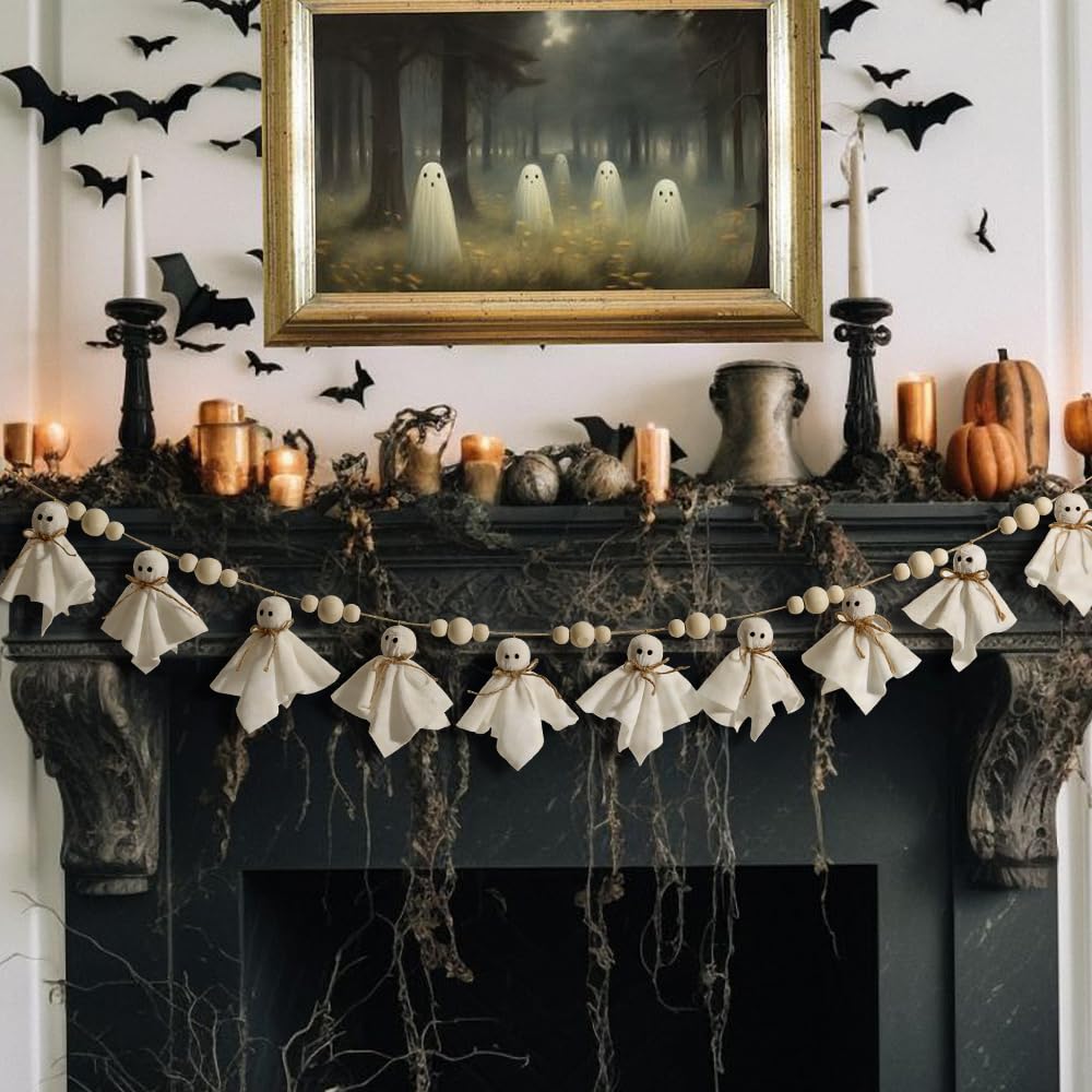 Bunny Chorus 7Ft Cute Halloween Ghost with Wooden Beads Garlands, Handmade Rustic Halloween Banner for Wall Home Indoor Outdoor Spring Decor Supplies, White