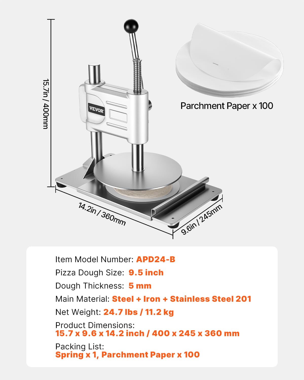 VEVOR Manual Pizza Dough Press Machine, 9.5 inch Pizza Pastry Press Plate, Stainless Steel Bread Presser, Commercial Chapati Sheet Crust Maker, Forming Machine with Handle and 100 Pcs Parchment Paper
