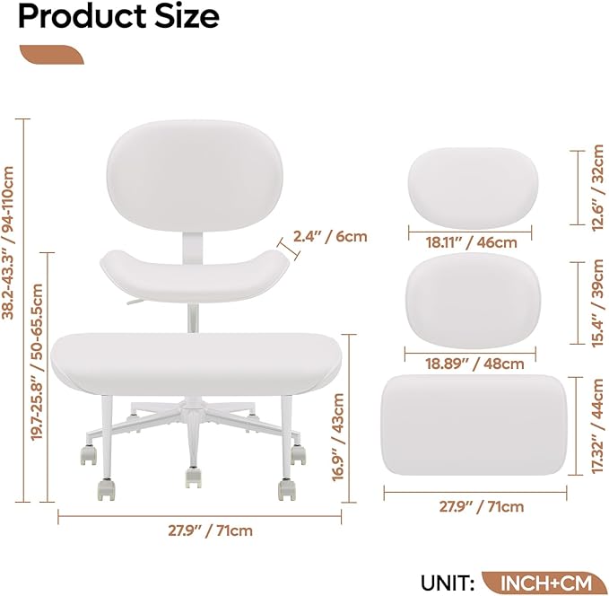 Cross Legged Office Chair with Wheels for ADHD, Ergonomic 360° Swivel Height-Adjustable Meditation Chair for Yoga, Wide Kneeling Chair with Strong Lumbar Support, PU Leather, Off White