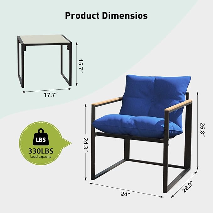 3D MATRIX Patio Furniture Set, 3 Piece Bistro Patio Sets, Small Bistro Set, Small Balcony Furniture (Blue)