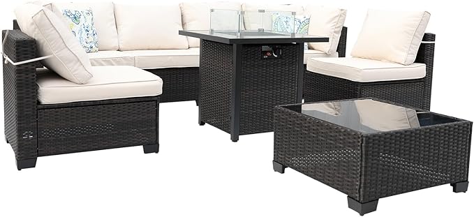 3D MATRIX 8 Pieces Patio Furniture Set with 28" Fire Pit Table, Wicker Outdoor Sectional Couch, Rattan Conversation Set for Backyard, Deck, Garden Lawn, Brown/Beige