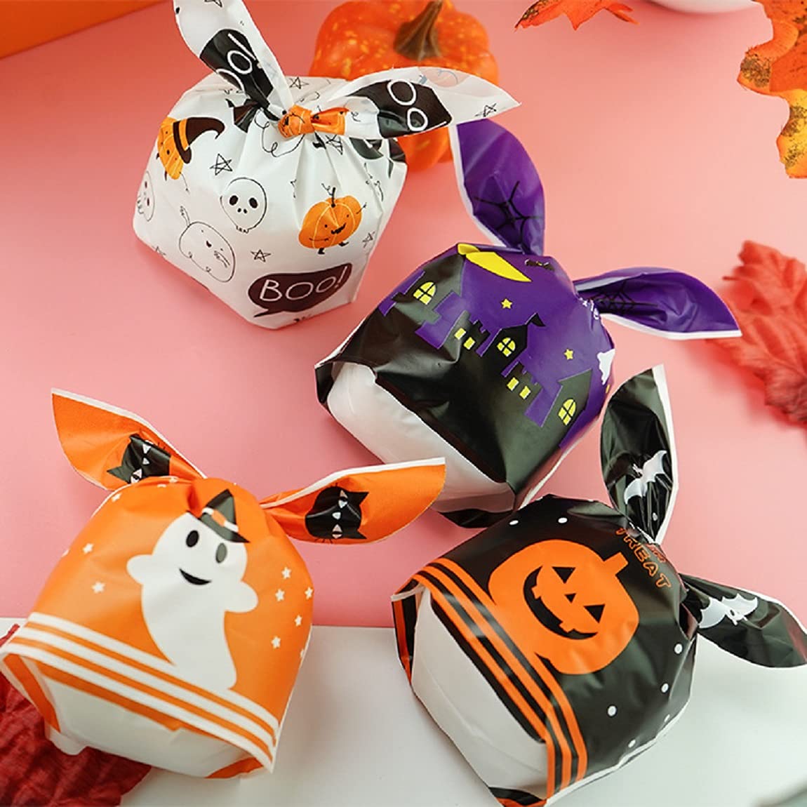 BPNHNA 50Pcs Halloween Goodie Bags Pumpkin Ghost Treat Candy Bags Ear Tie Cookies Bags Gift Bags for Party Favor(White)
