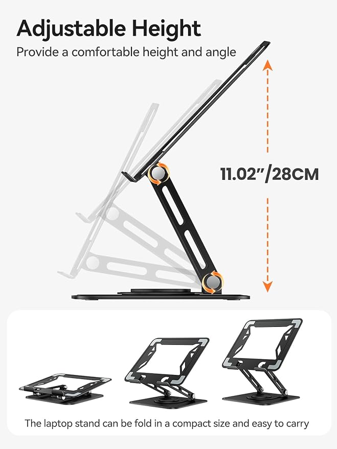 tounee Laptop Stand for Desk, Adjustable Computer Stand Holder with 360° Rotating Base, Ergonomic Laptop Riser Compatible with MacBook Pro Air, All Laptops 10-16"-Black