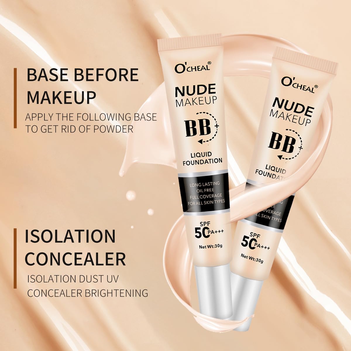 O'CHEAL BB Cream with SPF 50+ | Full Coverage Tinted Moisturizer with Buildable Concealer Powder Foundation, Oil-Free, Hydrating