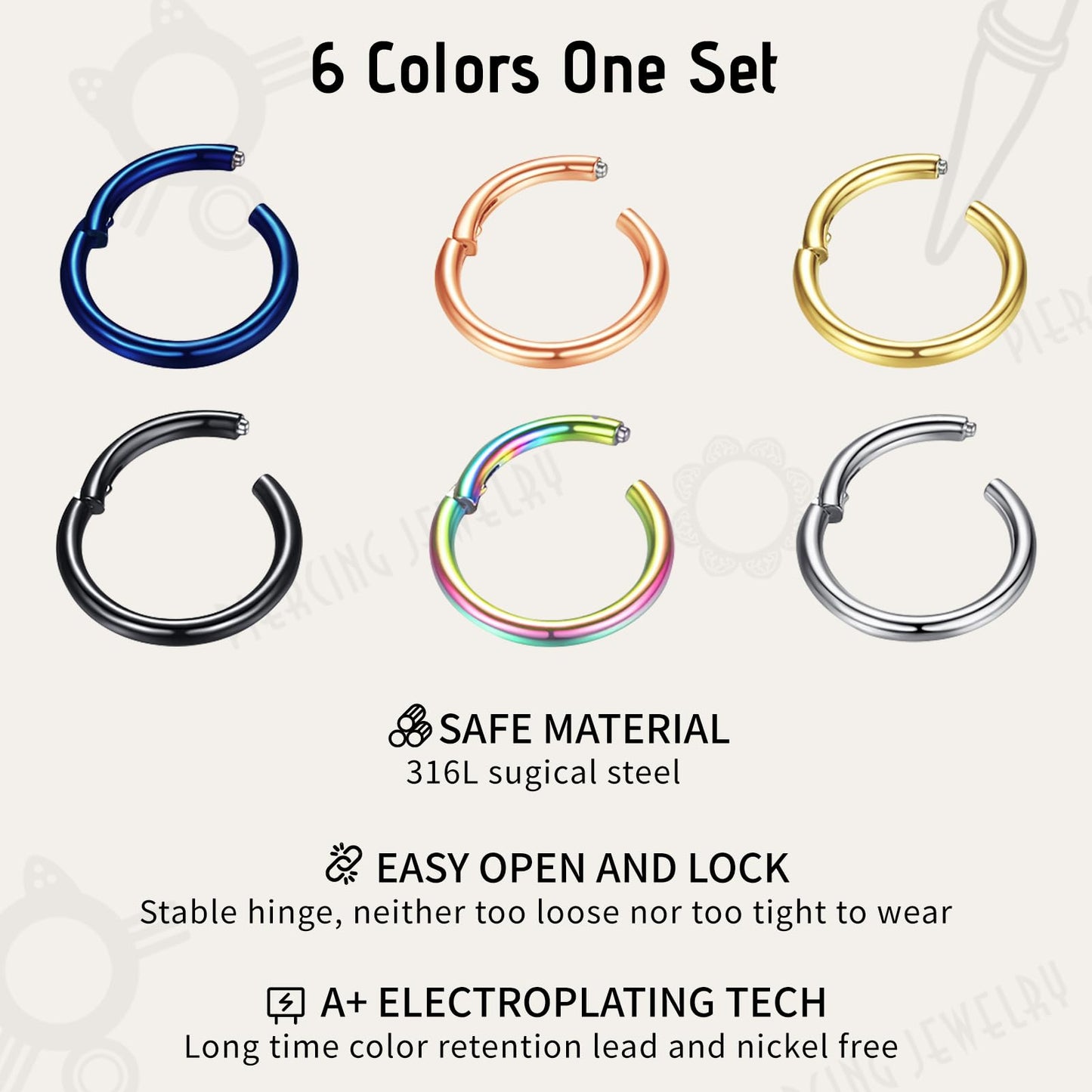 WBRWP 316L Stainless-Steel Piercing-Ring Hinged Nose-Rings-Hoop: 18G 8MM Womens Body Pierecing Ring Segment Clicker Lip Rings Ca