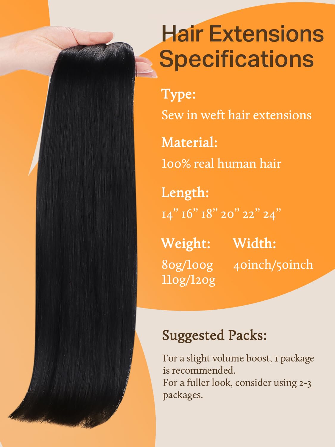 DOORES Sew in Hair Extensions Real Human Hair, Jet Black 22 Inch 110g, Hand Tied Weft Bundles Natural Straight Extensions