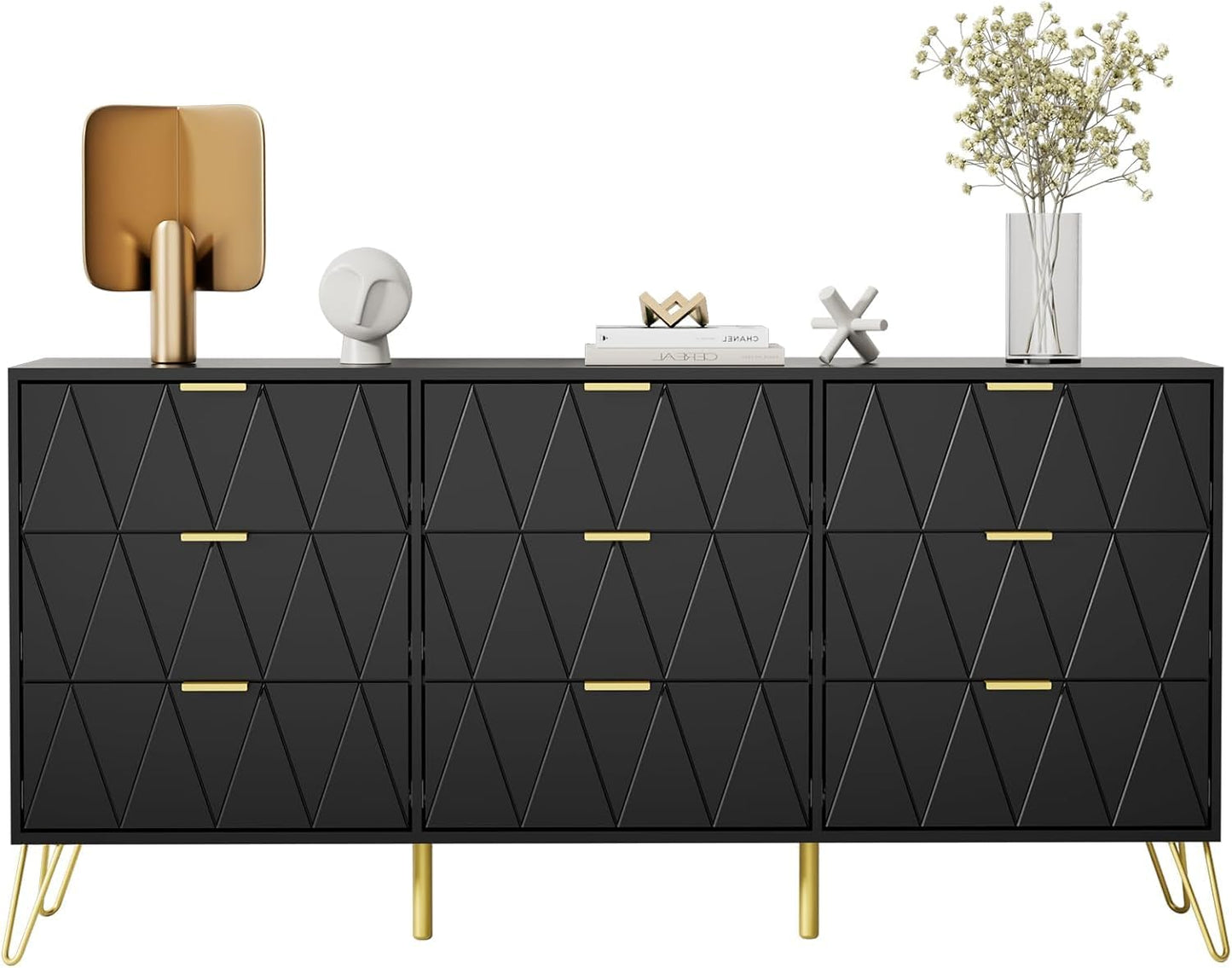 UEV Black Dresser for Bedroom,Modern 9 Drawer Triple Dresser with Gold Accents,Long Storage Organizer for TV Stand & Closet,Large Chest of Drawers for Living Room,Hallway,Entryway