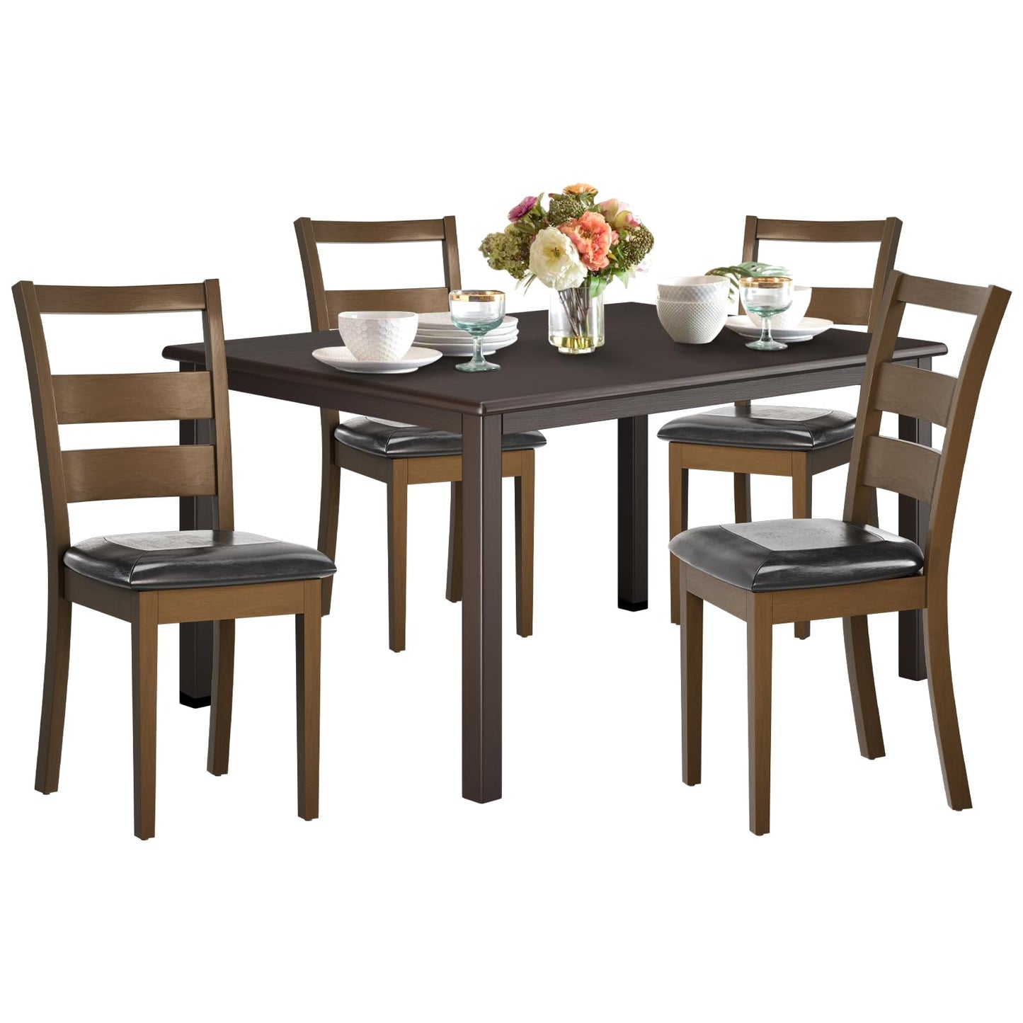 COLAMY Rectangle Wooden Dining Room Table Set for 4, Mid Century Modern Kitchen Table and PU Leather High Back Dining Room Chair for Home, Saving Space (1 Table with 4 Chairs), BlackBrown