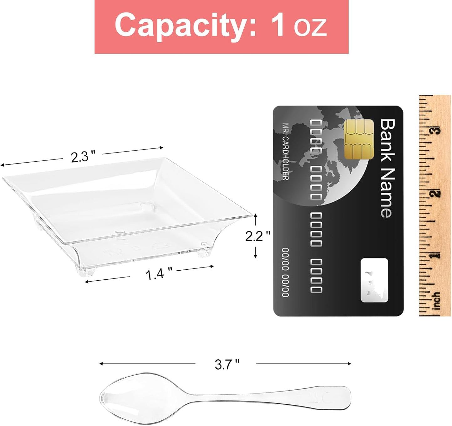 Qeirudu 100 Pack 1 oz Small Dessert Plates for Appetizers - Mini Plastic Plates with Spoons Reusable Square Appetizer Bowls Tiny Individual Serving Trays