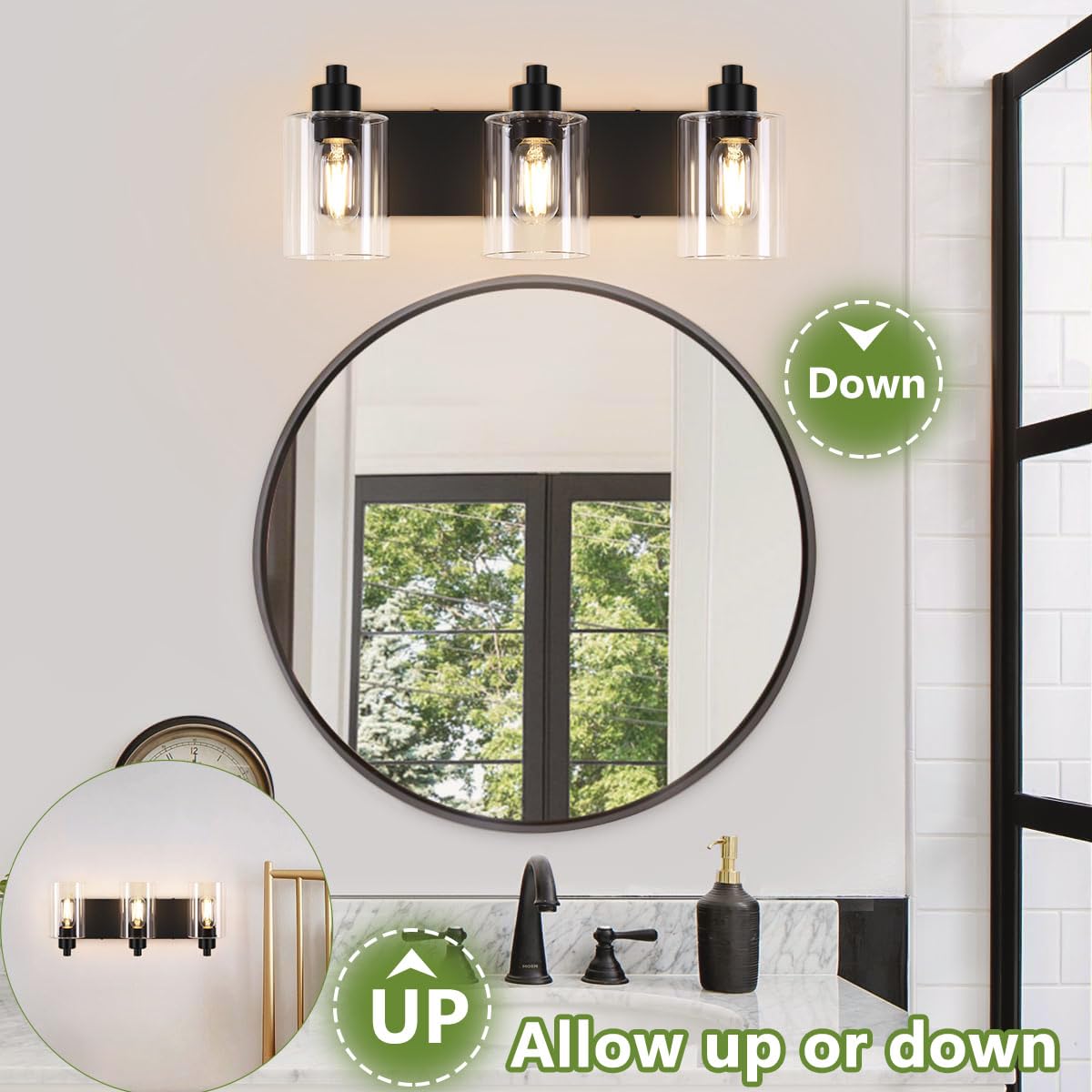 Dpyrrhic Bathroom Light Fixtures,Matte Black 3-Light Bathroom Lights Over Mirror with Clear Glass Shade,Wall Sconces for Kitchen Living Room Bedroom