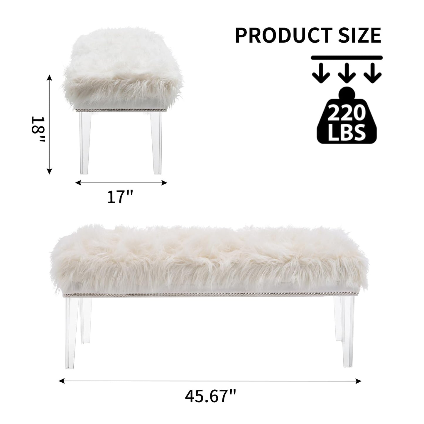 Deenziilix Entryway Ottoman Bench, Faux Fur Foot Rest Stool Shoe Bench, Upholstered Furry End of Bench, Ottoman Bench with Acrylic Legs for Bedroom, Makeup Room, Vanity or Bed End, Gift, White