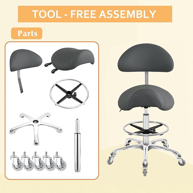 Nazalus Saddle Stool Chair with Back Support Footrest, Heavy-Duty(350LBS), Hydraulic Rolling Swivel Adjustable Stool Chair for Salon Spa Beauty Massage Dental Clinic Home Office Use(Grey)