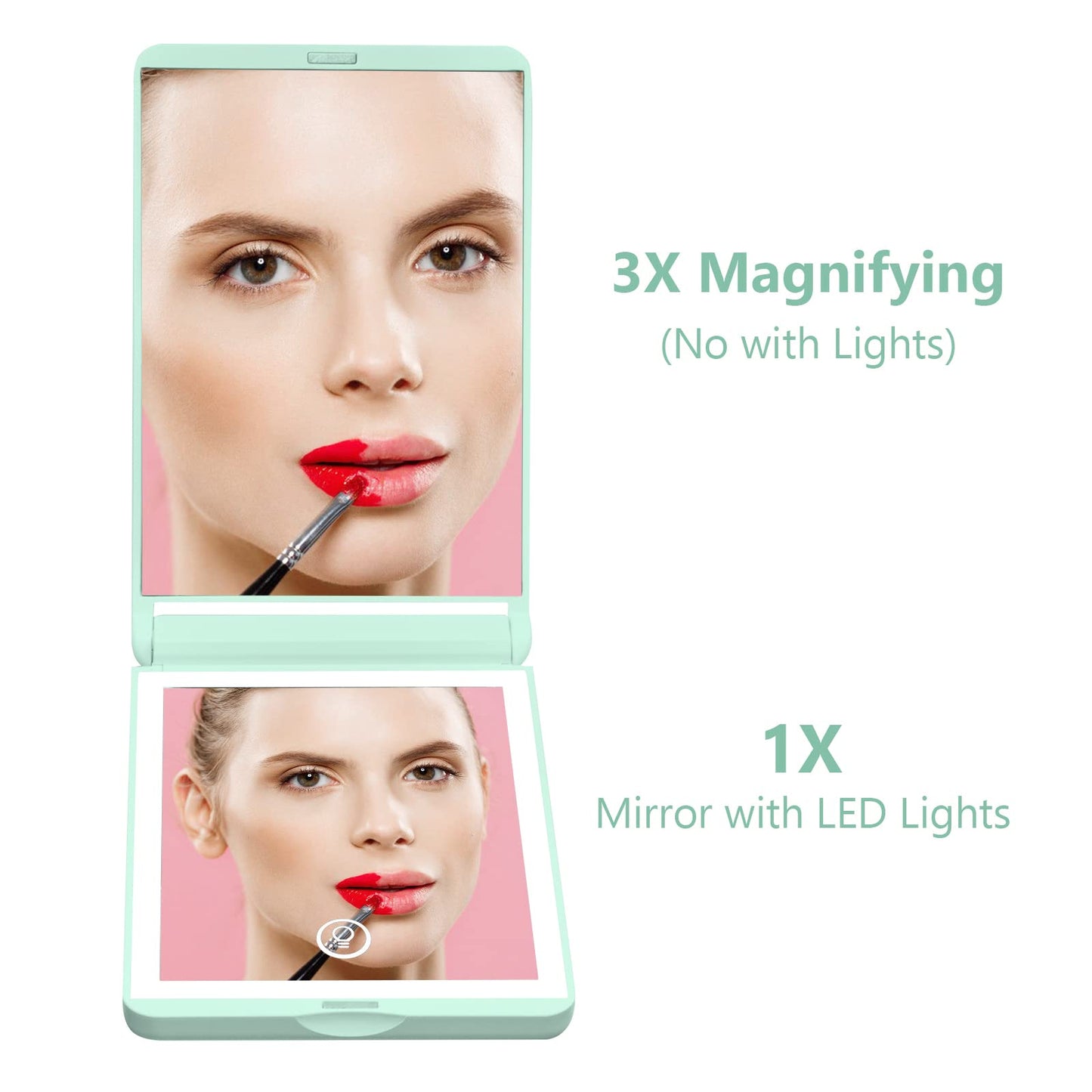WOBSION Lighted Compact Mirror, Rechargeable Travel Makeup Mirror with Light,1x/3x Magnifying,300Flip Folding Portable Mirror,Di