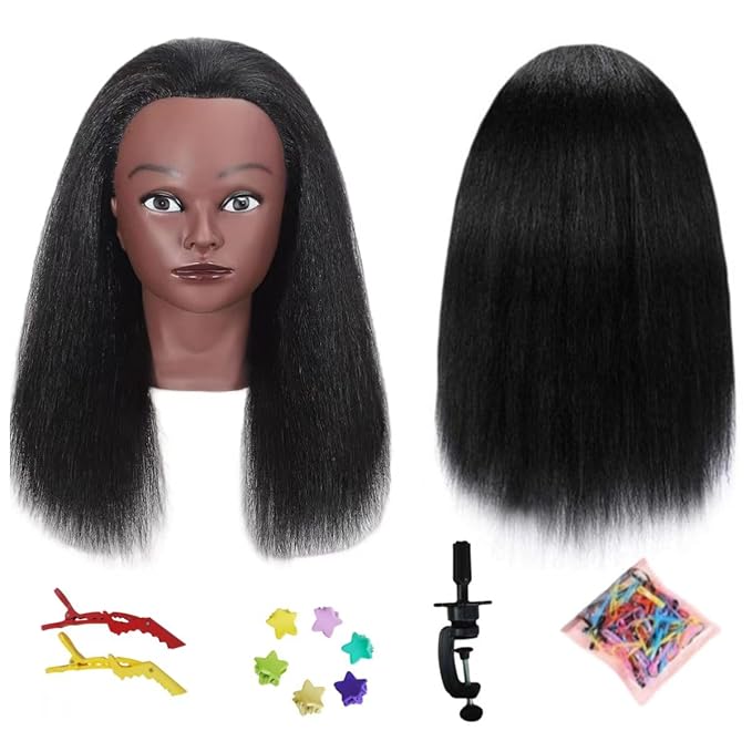 African Human Hair Mannequin Head for Braiding, 16 inch Cosmetology Manikin Doll Head with Real Hair for Styling Black Mannequin Head with Stand