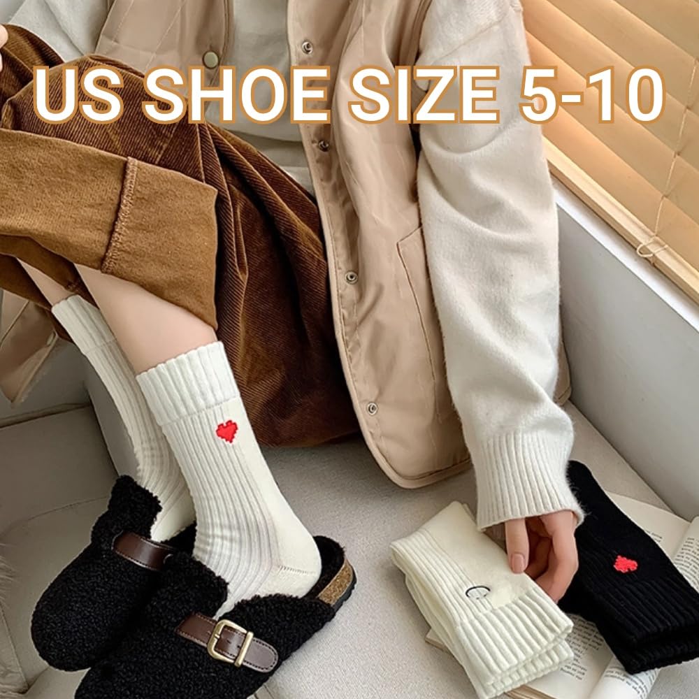 Heart Socks Women Fuzzy Socks Smiling Face Warm Cozy Soft Ankle Socks Fluffy Thick Winter Home Barefoot Crew Socks (4Pairs[White Heart+Black Heart+White Smiling Face+Black Smiling Face])