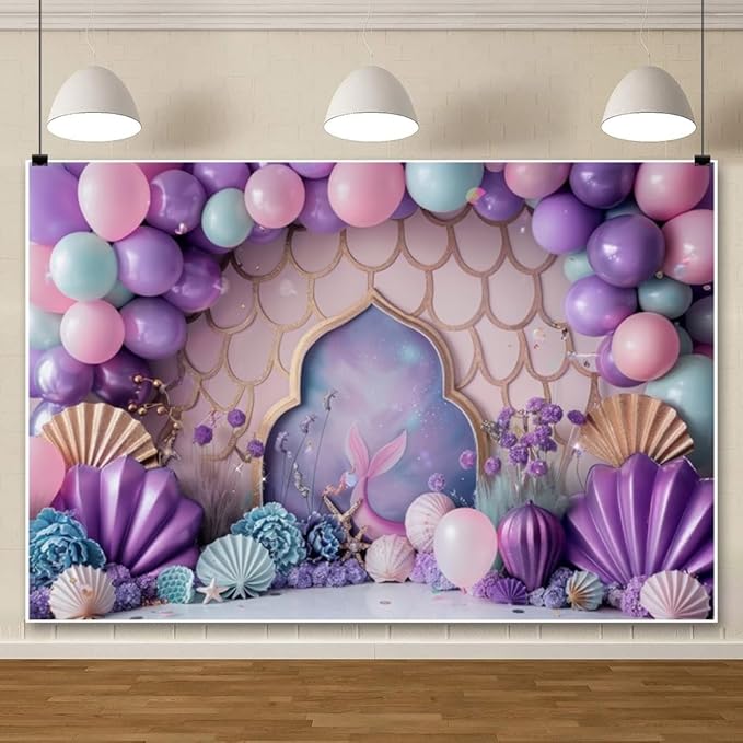 ChloropLastid 7x5ft Ocean Mermaid Backdrop Purple Balloons Sea Shell Starfish Princess Girls Birthday Party Decorations Gi...