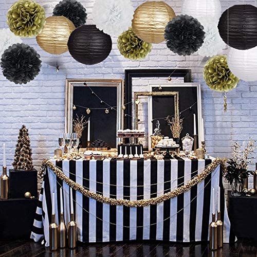 zilue Black Gold Party Decorations, Black Gold Paper Lanterns and Pom Poms Flowers for Birthday Graduation Masquerade New ...