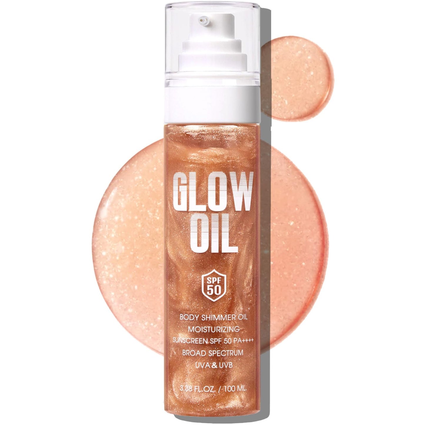 Body Glow Oil, Broad Spectrum SPF 50, Glitter Shimmer Sunscreen Body Oil Lotion with Sequin Mica, Lightweight Non-Sticky Moistur