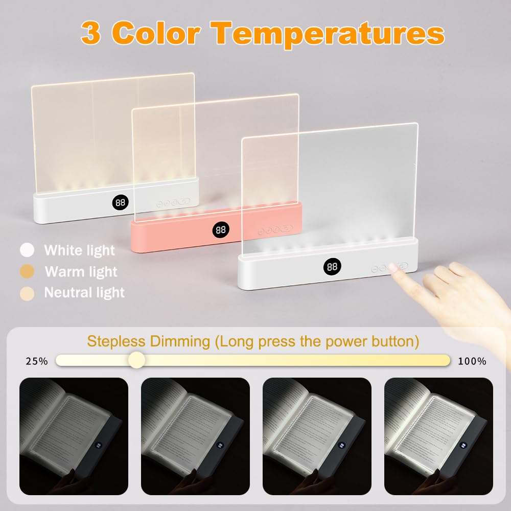 Book Light, Rechargeable Clear LED Flat Reading Light with 3 Colors & Timer, Dimmable Panel Plate Lamp Book Full Page Light for Reading in Bed at Night, Funny Gifts for Readers Kids Women Men (White)
