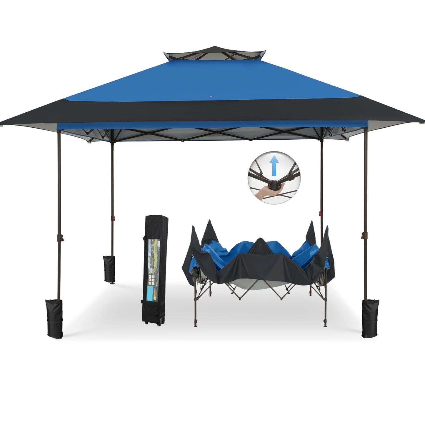 MFSTUDIO 13x13 1-Person Setup Pop Up Canopy Tent, Double-Tier Top Outdoor Instant Portable Shelter, Straight Legs, 169 sq.ft Large Sun Protection Shade, Blue