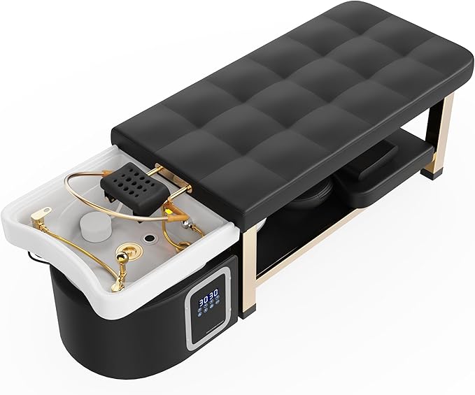 Head Spa Stationary Massage Table, Stainless Steel Gold Color-Plated Frame, Black PU Leather with Water Cycle & Fumigation Salon Equipment for Beauty Head Spa Physical Therapy Massage