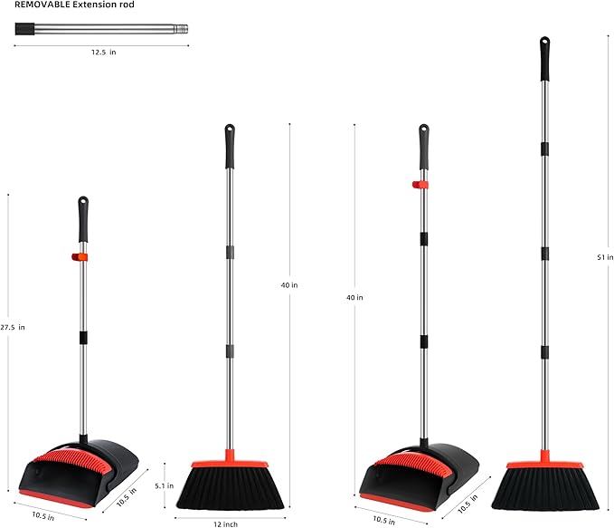 Broom and Dustpan Set, Broom with Dustpan Combo Set 54-in Long Adjustable Handle with Dust Pan Combo Teeth for Home Office Kitchen Lobby Floor Pet Hair Indoor&Outdoor Cleaning