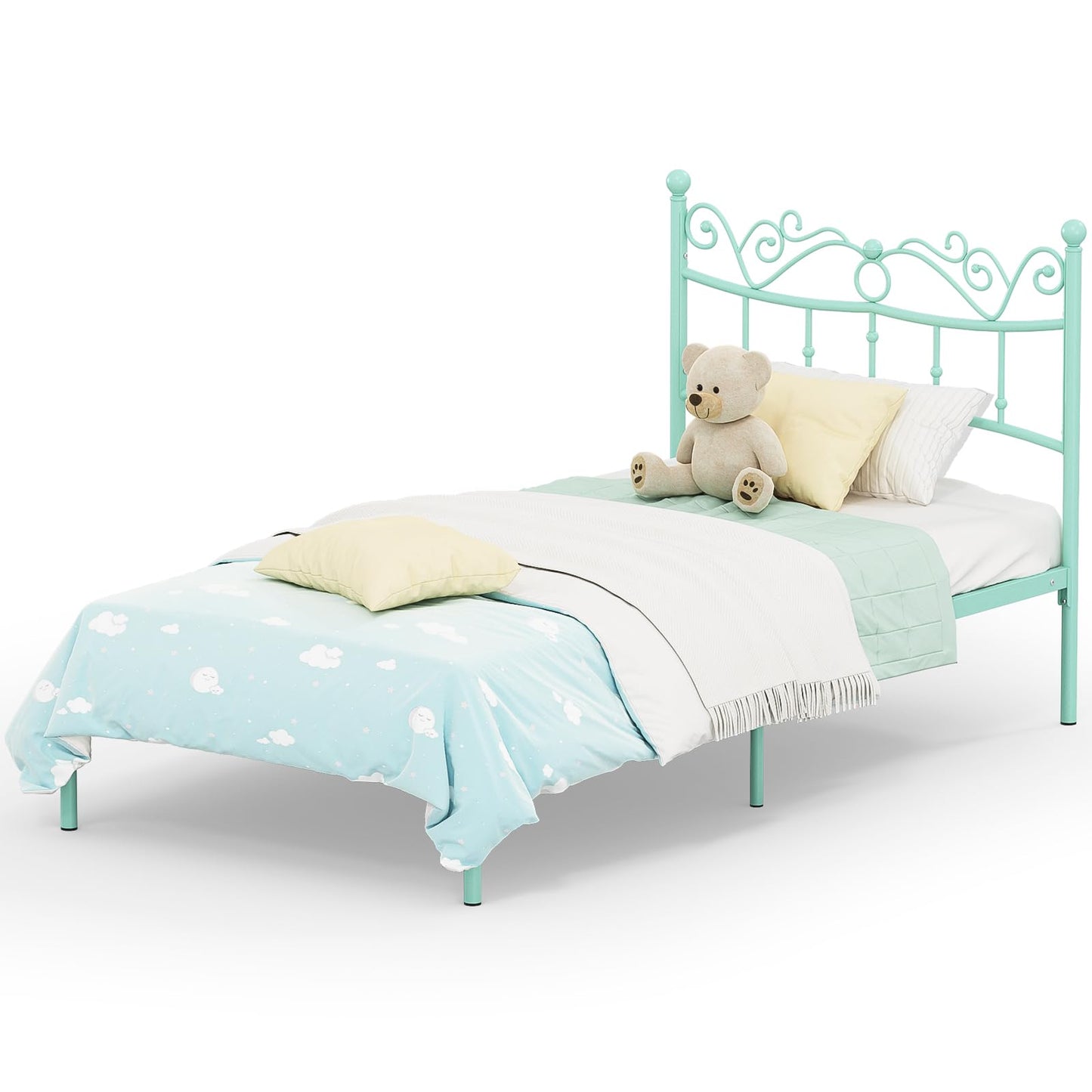 Merronix Twin Bed Frames with Headboard, Elegant Metal Bed Frame for Kids Girls, Modern Twin Size Platform Bed - No Box Spring Needed, 11.2 Inches Height Underbed Storage - Mint Green
