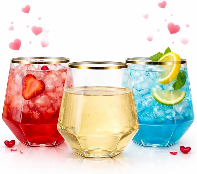 Oojami 40 count Diamond Unbreakable Stemless Plastic Wine Champagne Whiskey Glasses Elegant Durable Disposable Indoor Outd...