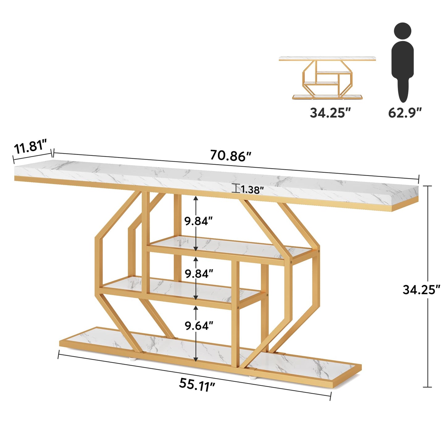 Tribesigns 70.9 inch Extra Long Console Table, Modern Gold Sofa Table Behind Couch with Storage, 4 Tier Entryway Accent Table for Living Room, Hallway, Entrance, Faux Marble White