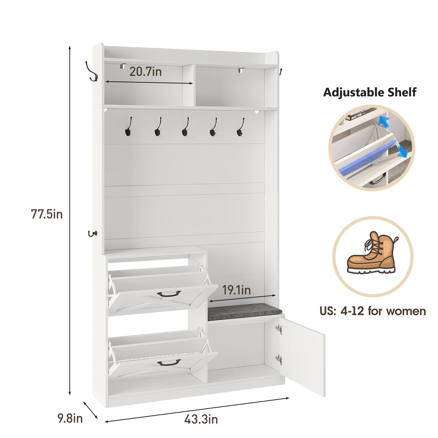 Maupvit Hall Tree with Shoes Storage Bench, Entryway Storage Slim 78" Coat Rack, 9 Hooks & 2 Flip-Drawers Shoe Cabinet, Adjustable LED Sensor Light, Space-Saving for Small Apartments, Mudroom