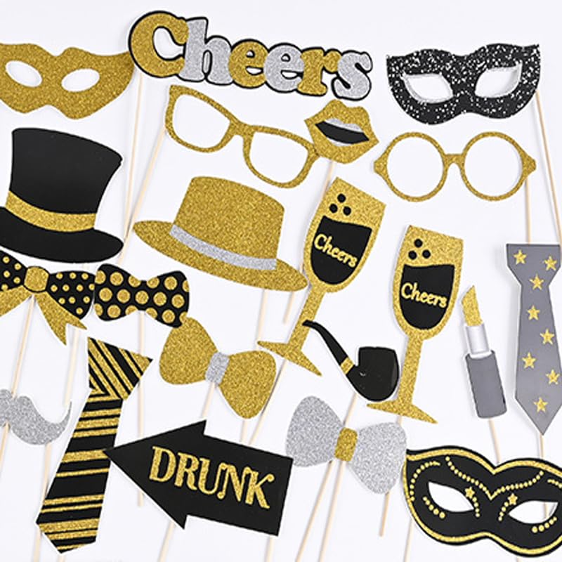 30 Pieces Black Golden Photo Booth Props for Birthday Wedding New Year Party,Mix of Hats, Mask, Lipstick, Tie, Crowns and ...