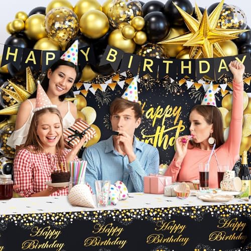 Black and Gold Birthday Decorations for Men Women, 71pcs Black and Gold Party Decorations with Backdrop, Tablecloth, Gold ...