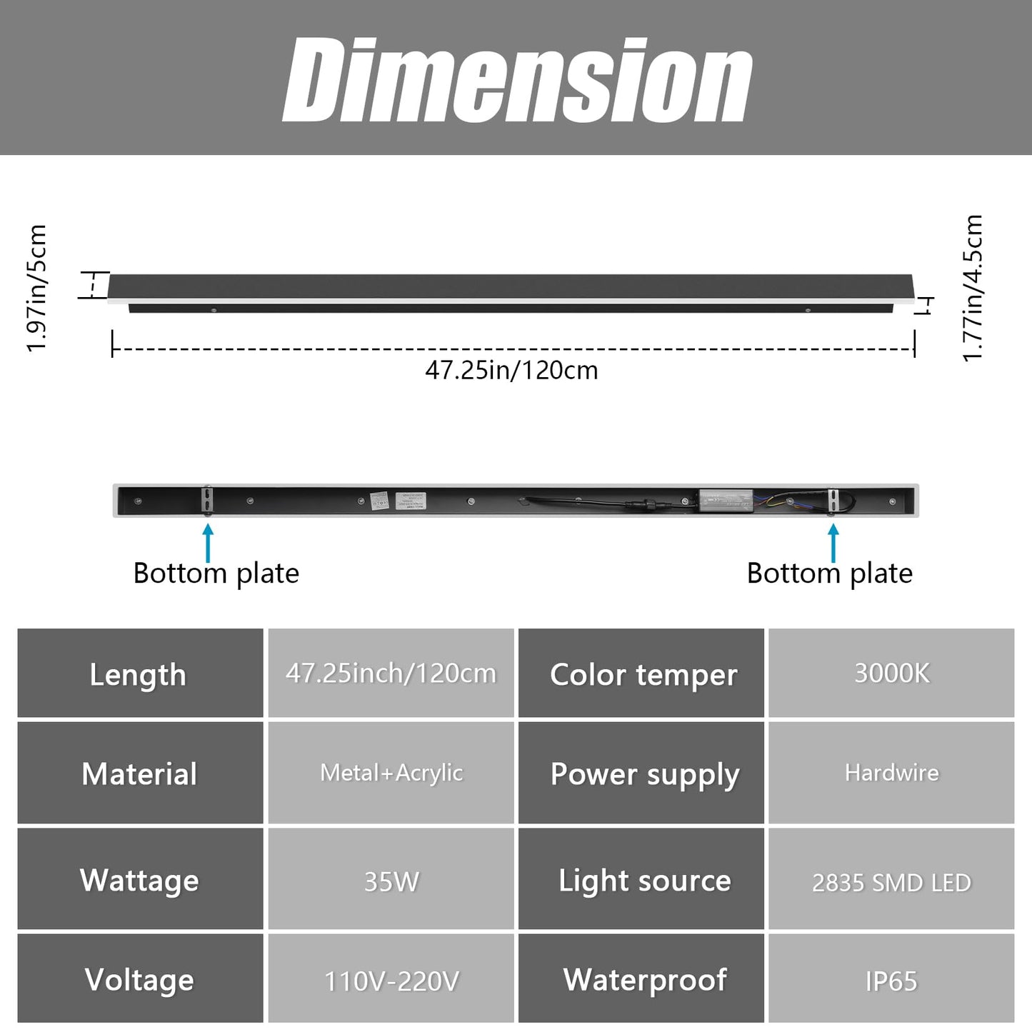 lundwa 2 Pack 47.25inch Long Outdoor LED Wall Lights 35W Black 3000K Warm White Porch Lights Acrylic Waterproof IP65 Exterior Wall Light Fixtures for House Patio Porch Courtyard