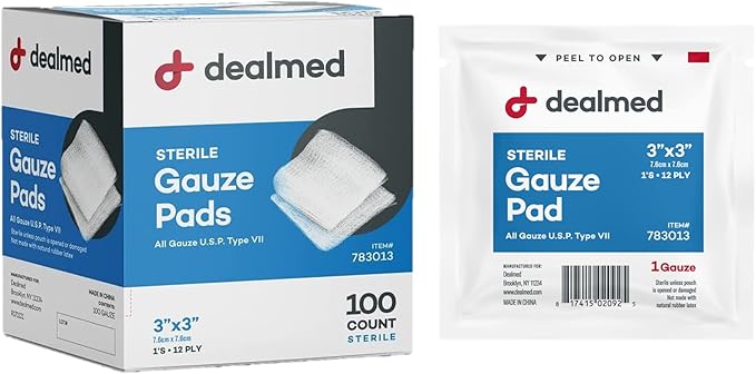Dealmed 3’’ x 3’’ Sterile Gauze Pads (100 Count) Disposable and Individually Wrapped Medical Gauze Pads, Wound Care Produc...