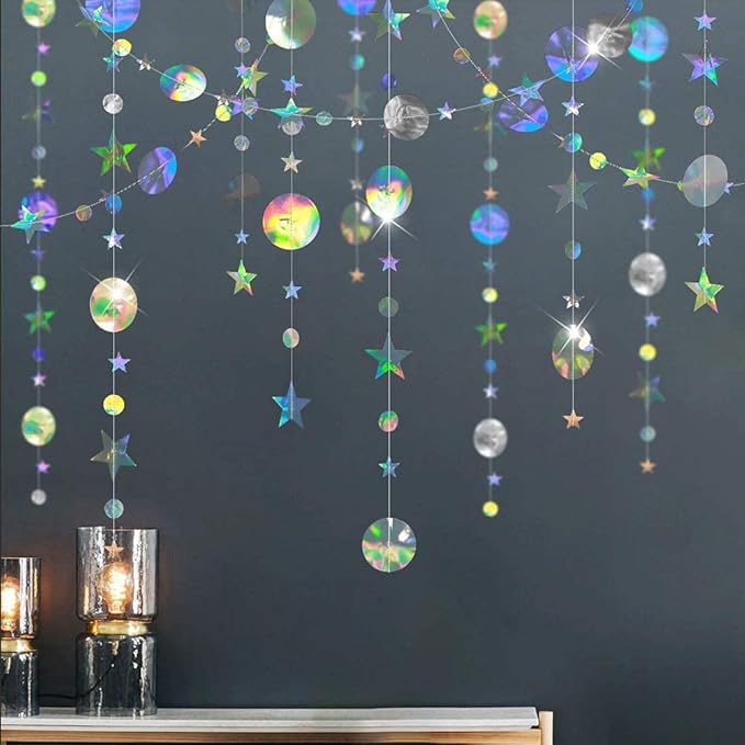 Cheerland Iridescent Party Decorations Holographic Star Garland Hanging Stars Moon Streamer Galaxy Birthday Decoration Ram...