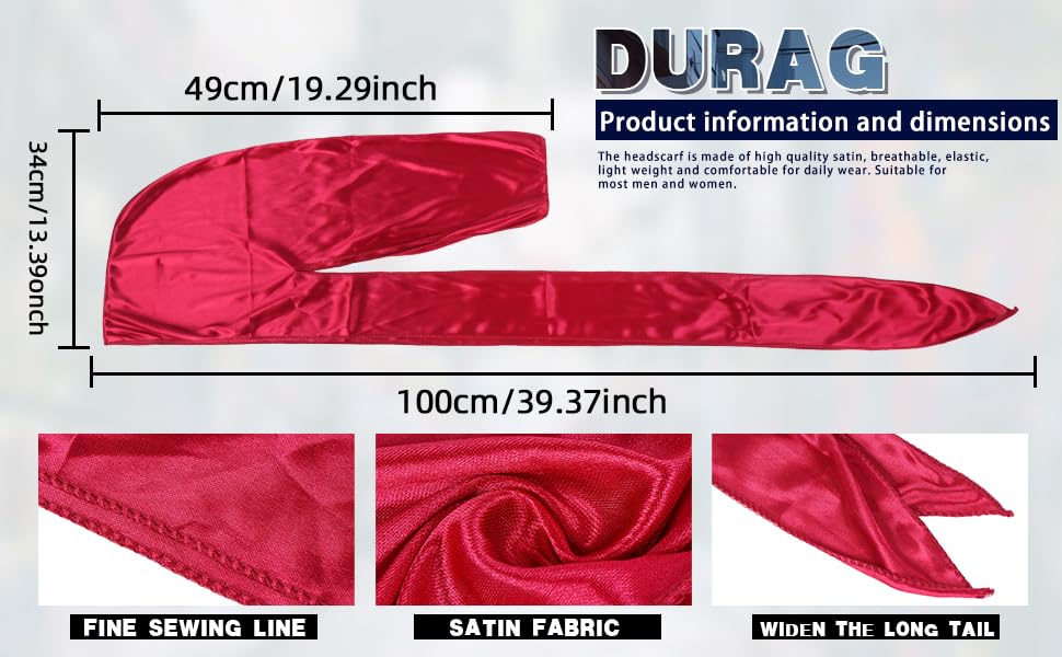 Fxhixiy Men Women Durag Extra Long-Tail Headwraps Silky Satin Pirate Cap Bandana Hat for 360 Waves Black